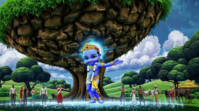 Young Krishna using power of single finger, lifting massive Govardhan Hill, protecting villagers and cattle from intense rainfall through divine intervention