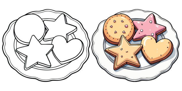 Different Shape of Cookies and Biscuits Line Art Vector Illustration Black and White with Coloring Sample. Bold and Easy Food, Fruits, Sweets, Drinks, Dessert, and Snacks Coloring Pages for Adults and