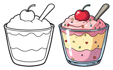 Parfait Line Art Vector Illustration Black and White with Coloring Sample. Bold and Easy Food, Fruits, Sweets, Drinks, Dessert, and Snacks Coloring Pages for Adults and Kids