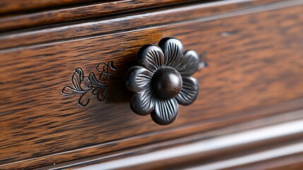 Dark Wood Drawer with Intricate Flower Pull