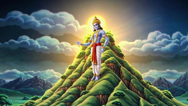 Krishna lifting Govardhan Hill with his little finger, protecting villagers from torrential rain during mythological animated narrative highlighting divine power and faith