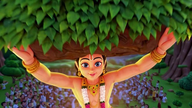 Krishna, an incarnation of Vishnu, lifts the Govardhan Hill with his left little finger to shelter the villagers and their cattle from torrential rain and floods