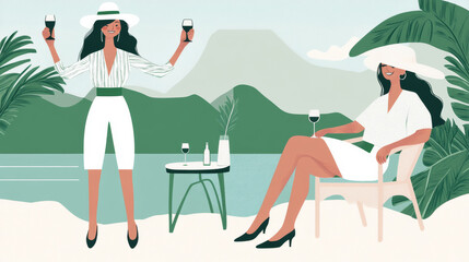 Fototapeta premium Two women enjoying wine by tropical lake