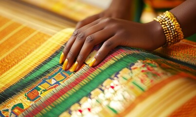 Hands on woven colorful fabric with beaded bracelet.