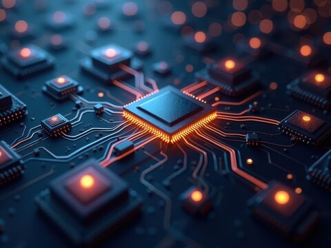 Neuromorphic computing architecture with interconnected chips and glowing circuits showcasing artificial intelligence development
