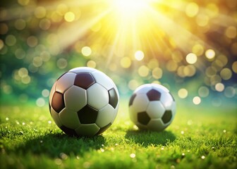 Fototapeta premium Aerial View: Two Soccer Balls on Lush Green Grass with Bokeh