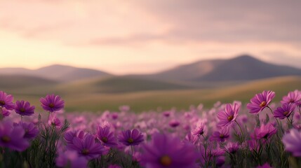 Fototapeta premium The seasonal ecology of a wildflower meadow Vibrant purple flowers in a serene landscape at sunset.