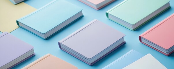notebooks, pastel colors, stationery, study materials, organizational tools, creative projects, office supplies, minimalistic design, flat lay composition, blue background