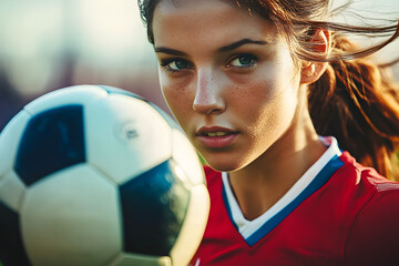 Naklejka premium Female soccer player with ball close up
