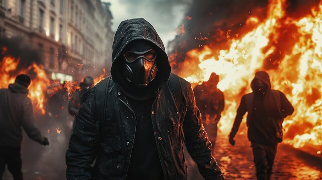 Masked Figure Amidst Urban Inferno: A Powerful Image of Civil Unrest