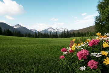 Fototapeta premium The seasonal ecology of a wildflower meadow Vibrant flowers in a lush green meadow with mountains in the background.