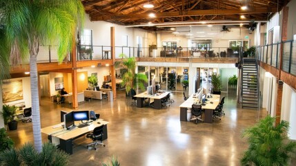 Modern Open Plan Office: An airy and bright open-plan office space boasts a contemporary design with high ceilings, exposed wooden beams, polished concrete floors, abundant natural light.