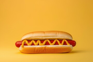 Classic hot dog with mustard in a soft bun on a vibrant yellow backdrop