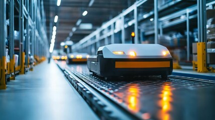 Fototapeta premium Robots move on a track in a warehouse.