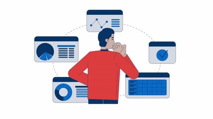 Analyzing data insights for decision making 2D animation. Dashboards reviewing 4K video motion graphic. Business man working on projects animated character cartoon flat concept, white background