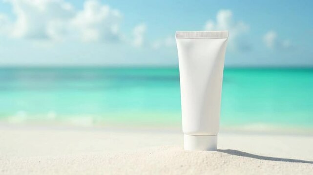 A tube of white cosmetic cream without labels, the tube remains on the beach sand, the background is the sea.