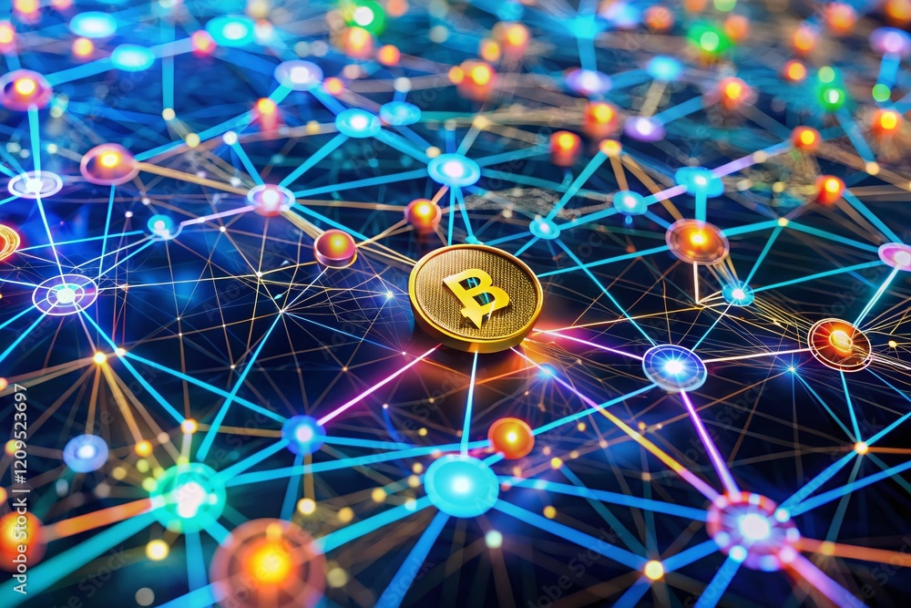 Poster aerial view of bitcoin network graph - cryptocurrency blockchain technology
