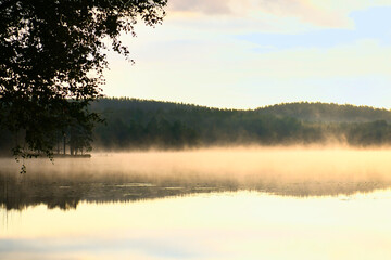 Sunrise with fog forming over a lake in Sweden, at dawn. Romantic silence
