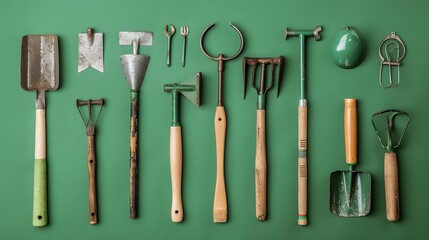 A flat lay of gardening tools on a green background.