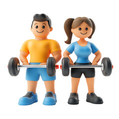 Obraz premium Fit couple lifting weights gym workout fitness exercise strong healthy lifestyle bodybuilding weightlifting man woman cartoon 3D model