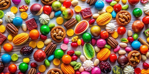 Fototapeta premium Aerial View of Colorful Candy and Nuts Scattered on a White Surface