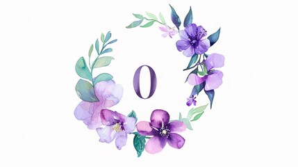 Elegant Floral Alphabet Letter O with Watercolor Violet Flowers