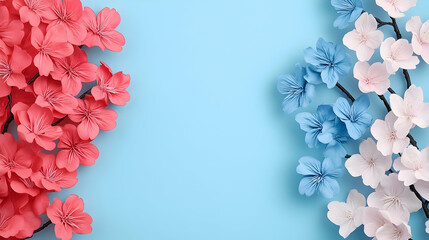 Pastel Pink and Blue Flowers on Light Blue Background, pink flowers, pastel colors, floral background, spring flowers, cherry blossoms