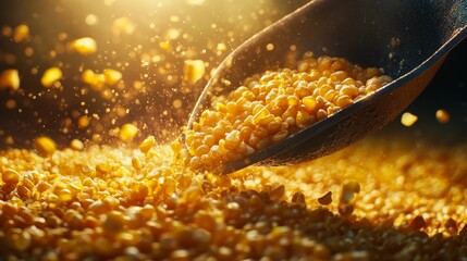 Vibrant corn kernels cascading from a scoop, bathed in soft sunlight s warm glow