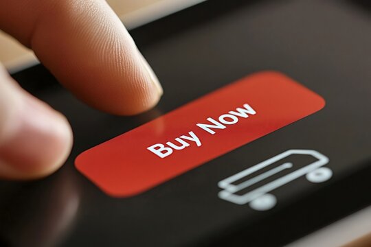 Finger touching buy now button on smartphone screen