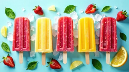 Refreshing Fruit Ice Pops on a Blue Background
