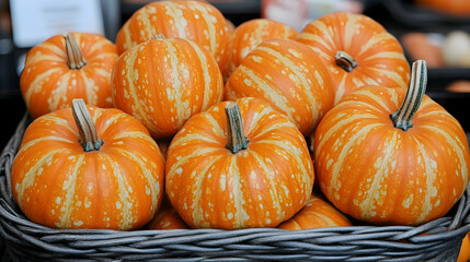 Basket of Orange and White Striped Pumpkins, gourds, autumn, fall, harvest, halloween