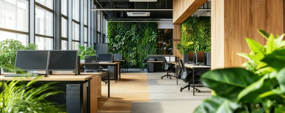 Poster open modern office space with a focus on greenery, blending natural elements with technology to crea