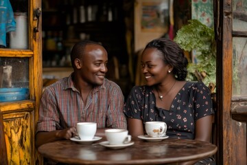 Happy couple enjoying coffee at a traditional african cafe