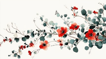Elegant Floral Composition with Red Flowers and Green Leaves Design