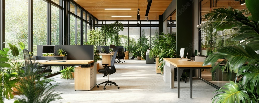 Poster open modern office space with a focus on greenery, blending natural elements with technology to crea