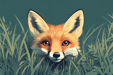 Obraz premium Curious fox hiding in the grass, observing the surroundings