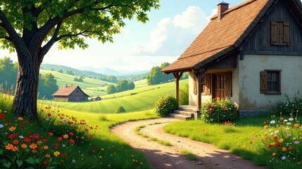 Fototapeta premium Serene Cottage on Rolling Hills, Sunlit Meadow Path, Vibrant Wildflowers, Rustic Charm, Pastoral Landscape