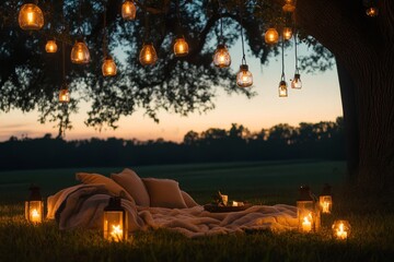 Romantic outdoor gathering under lantern-lit tree at dusk with cozy blankets and warm ambiance