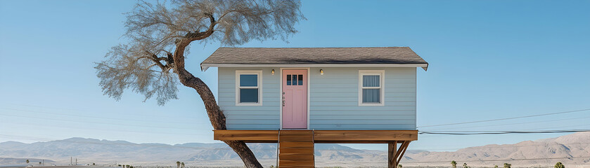 Pastel-Colored Treehouse with Mountain View, cabin, home, cottage, light blue, pink door