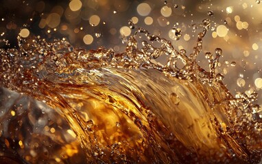 Whiskey on the rocks splashing dramatically, golden hues and elegant lighting