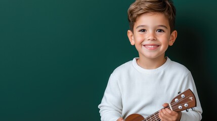 Happy boy playing ukulele against chalkboard; music education