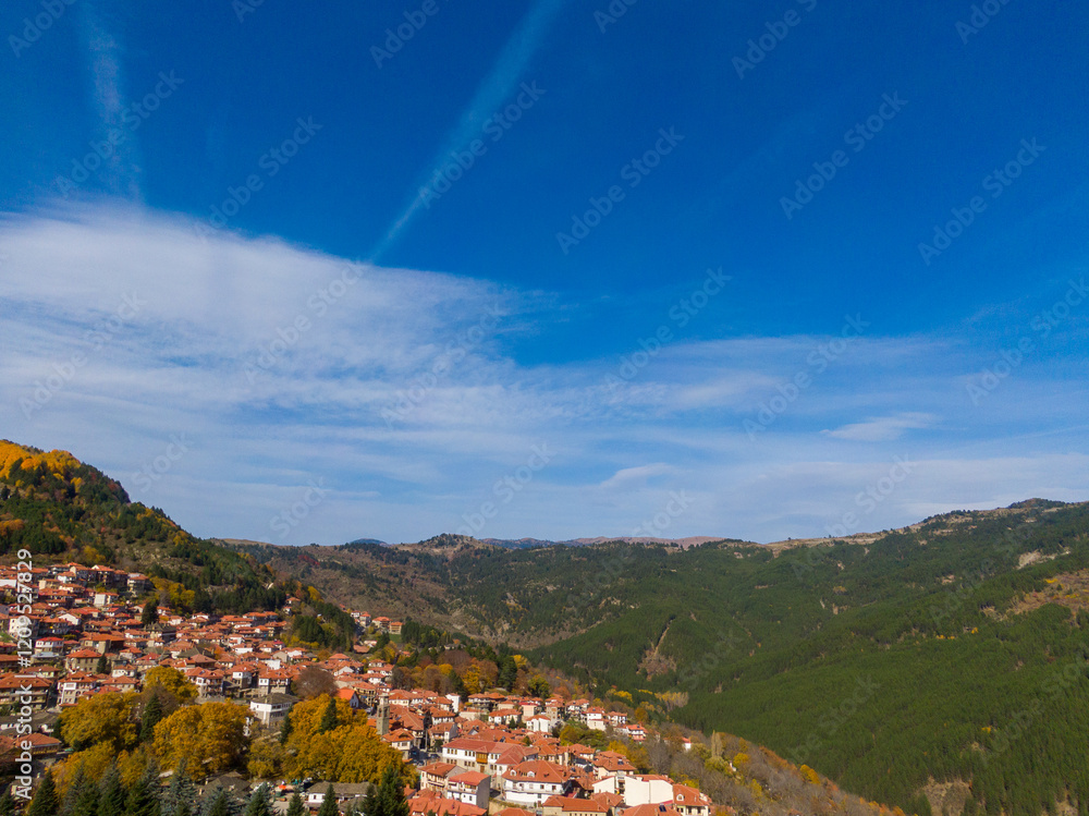 Wall mural Metsovo is one of the most beautiful villages in Greece, located in the mountain of Pindos, popular winter holiday destination, Aerial drone view