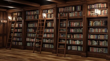 Elegant Wooden Library with Ladders and Bookshelves