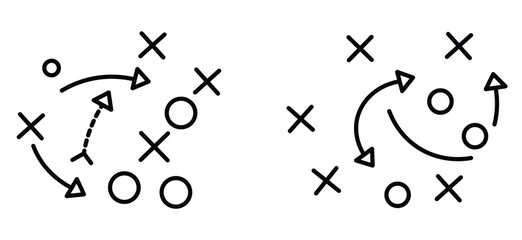 Soccer game strategy. Tactic plan outline icons vector illustration.