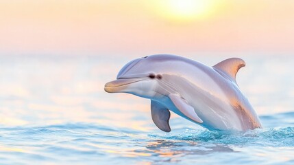 Fototapeta premium Dolphin leaping at sunset ocean sunrise, marine wildlife, peaceful background