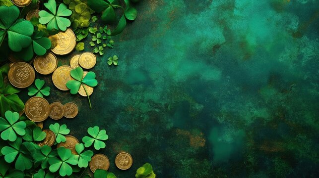 Lush green background with shamrocks and scattered golden coins