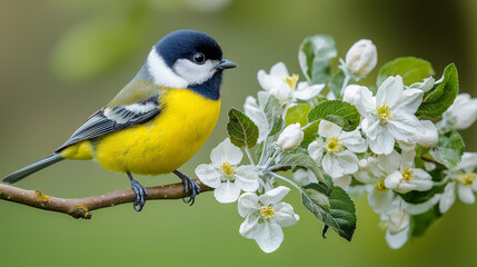 Obraz premium Yellow bird perched on a branch amidst delicate white blossoms.