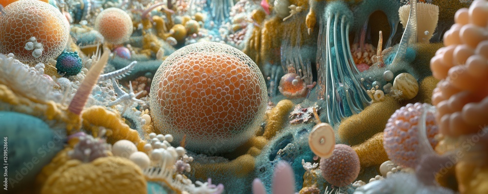 Poster a microscopic world where cells resemble miniature ecosystems, each with its own unique inhabitants.