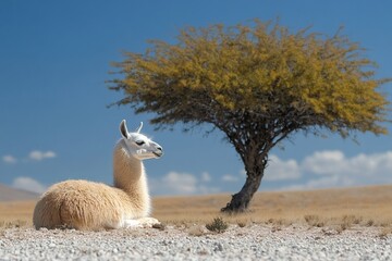 Fototapeta premium White llama resting under a tree in the bolivian altiplano