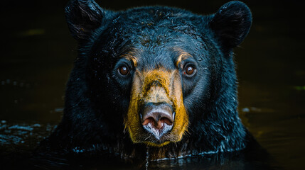 Black bear's intense gaze, wet fur, close-up portrait in dark water.